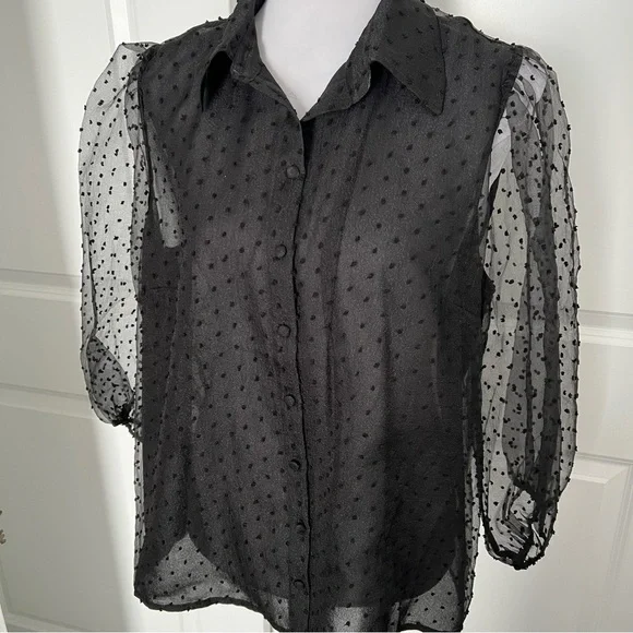Eloquii Swiss Dot Puff Sleeve Black Button Down Blouse - Size 16 - NWT - Picture 3 of 11